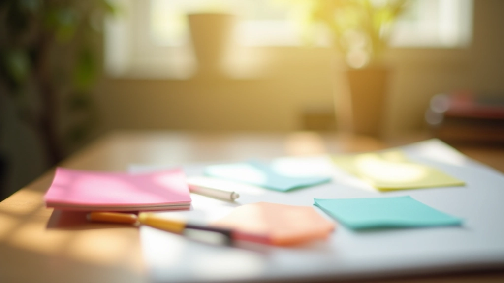 Cahier avec notes colorées et stylos, illustrant l'exercice de réécriture de perspectives