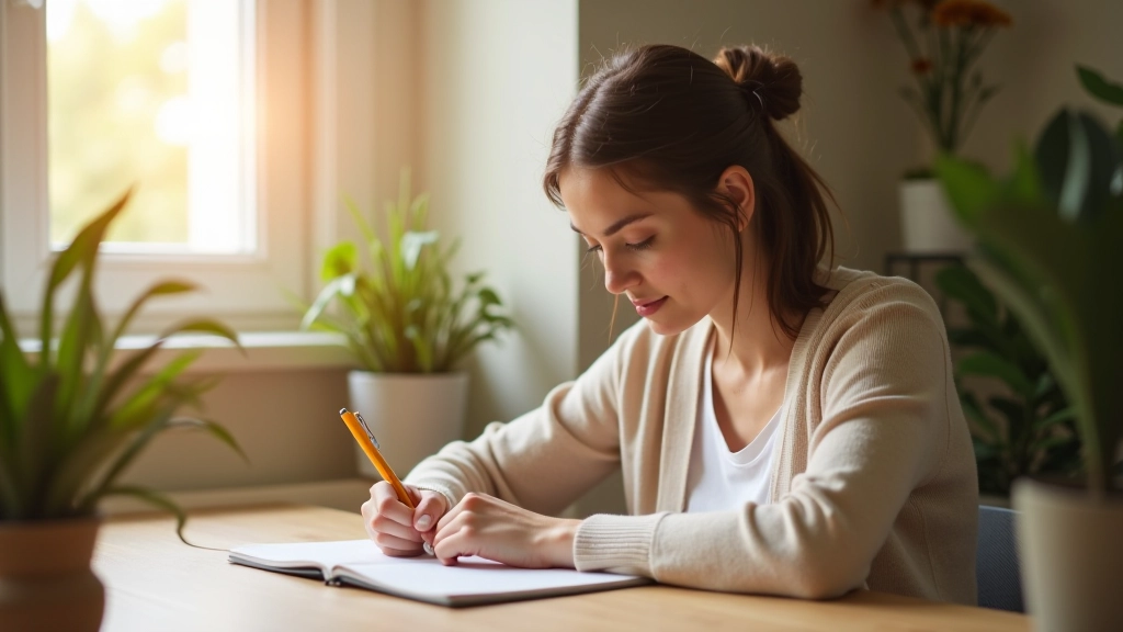 Personne écrivant dans un journal à un bureau, avec des tasses de café et des plantes vertes, lumière naturelle du matin, environnement calme et organisé