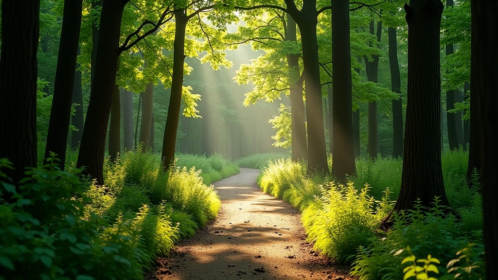 Chemin forestier sinueux symbolisant un parcours de transition de vie