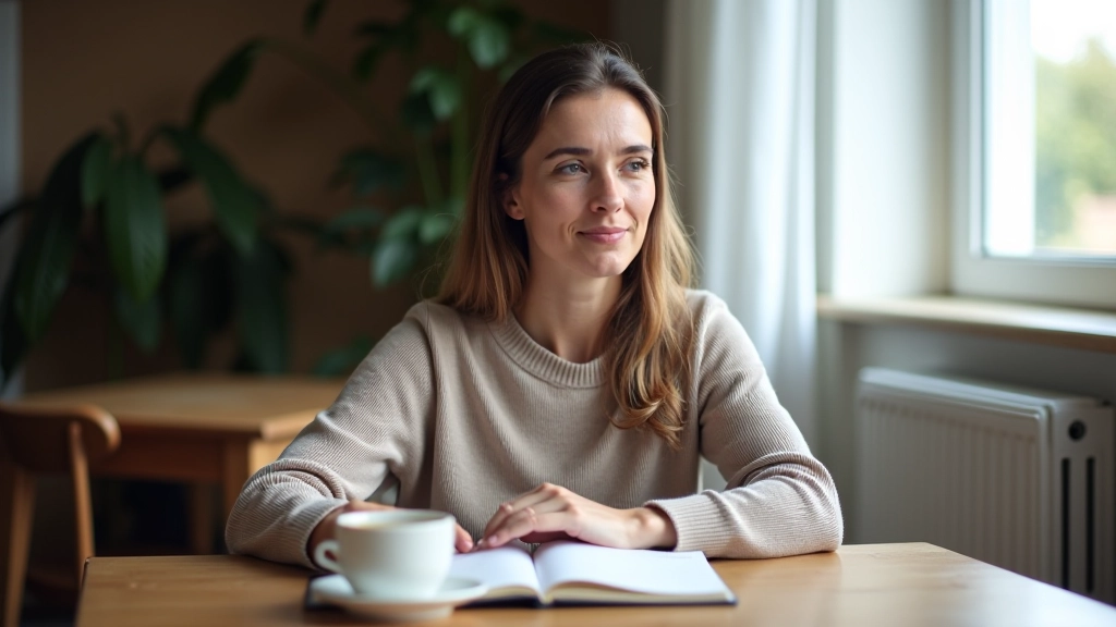 Personne réfléchissant calmement à une table avec carnet et café