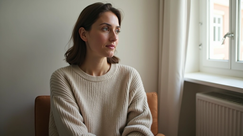 Personne assise seule dans un espace calme, l'air réfléchi et honnête avec elle-même